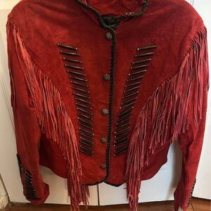 Red Leather Fringe Jacket with Western Style